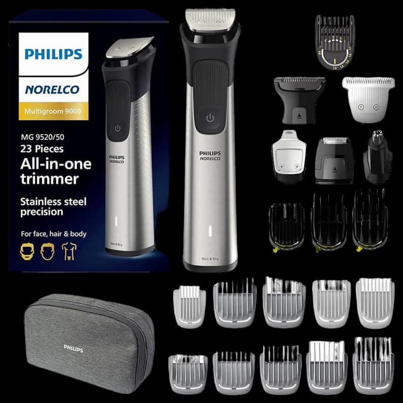 Norelco Multigroom Series 9000-21 piece Men's Grooming Kit for beard, body, face, nose, ear hair trimmer w/premium storage case, MG9510/60