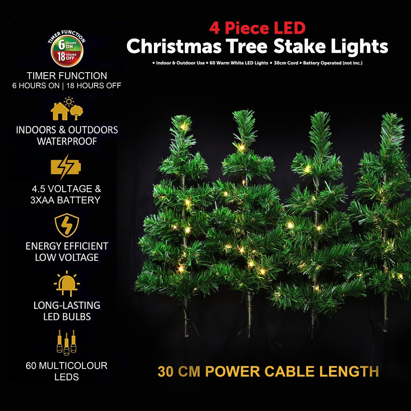 Christmas Tree Stake Lights 4x 60 LED Xmas Outdoor Pathway Decor Garden ...