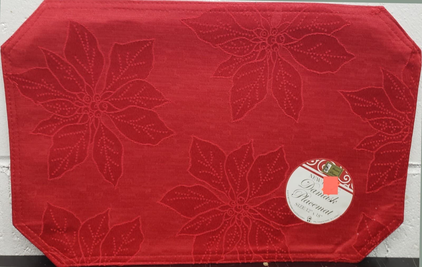 2 DAMASK FABRIC PLACEMATS,12x18",CHRISTMAS POINSETTIA FLOWERS ON RED ...