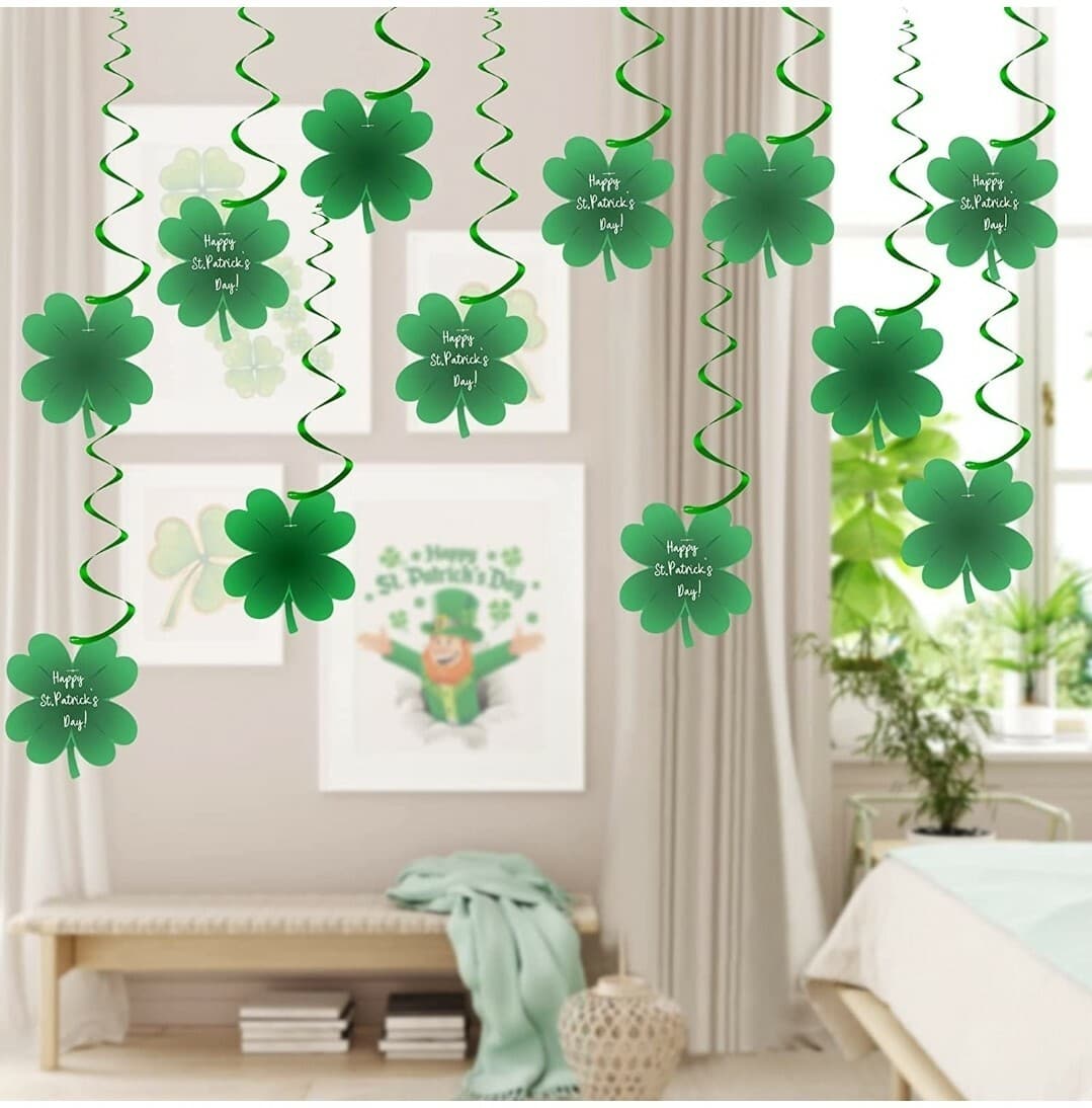 St Patricks Day Hanging Shamrocks Ornaments Green Foil Swirl ...