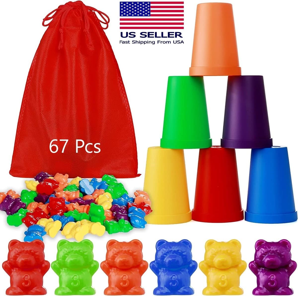 67-pc Rainbow Colored Counting Bears with Cups Sorting Educational ...