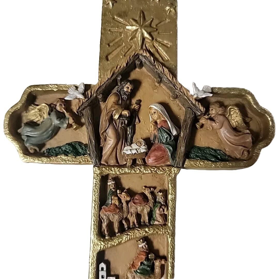 9.5" Nativity Scene Carved Look Cross w/Star Wall Plaque Religious ...
