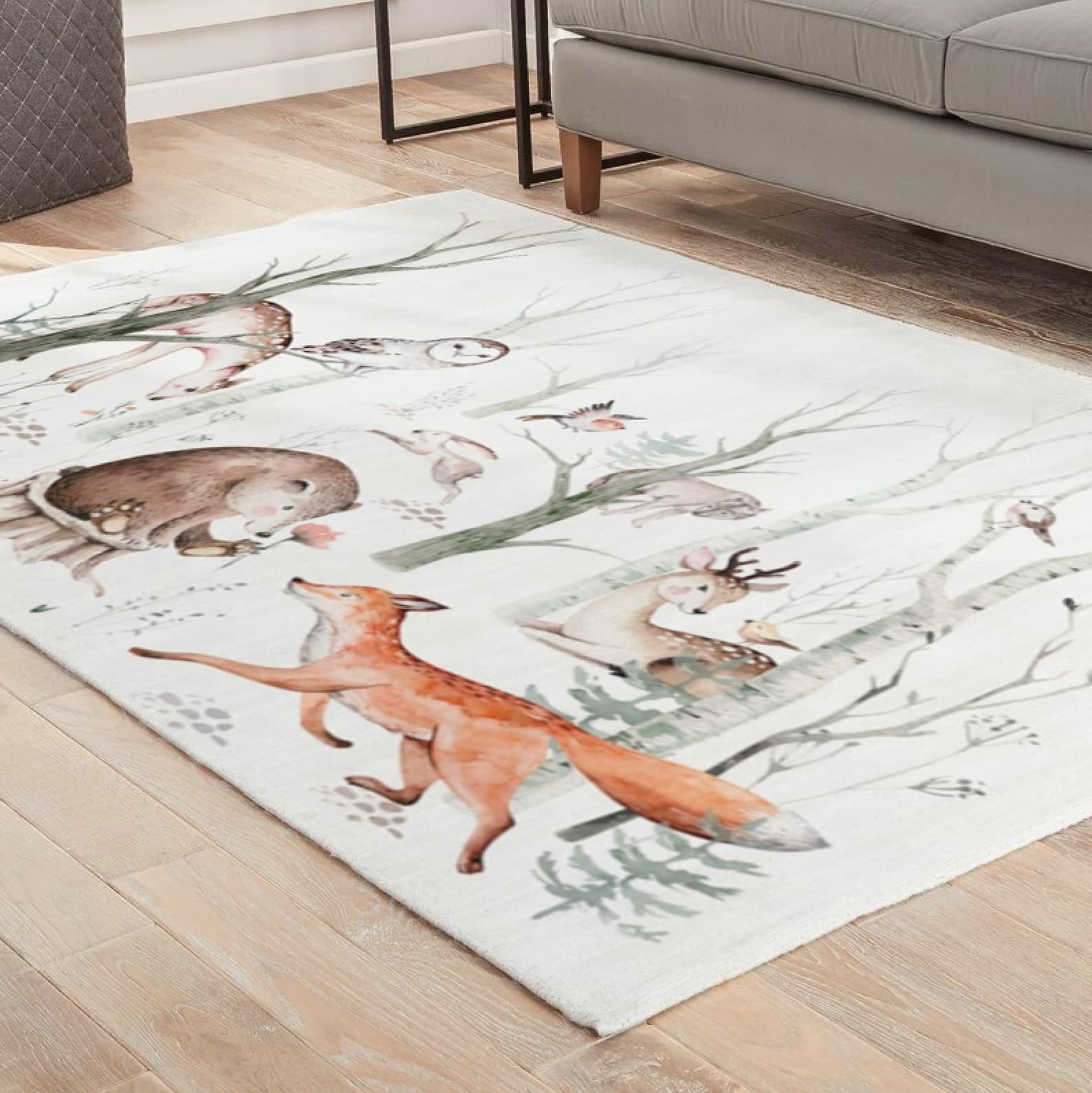 Woodland Nursery Rug Kids Carpet Watercolor Animal Print - Etsy