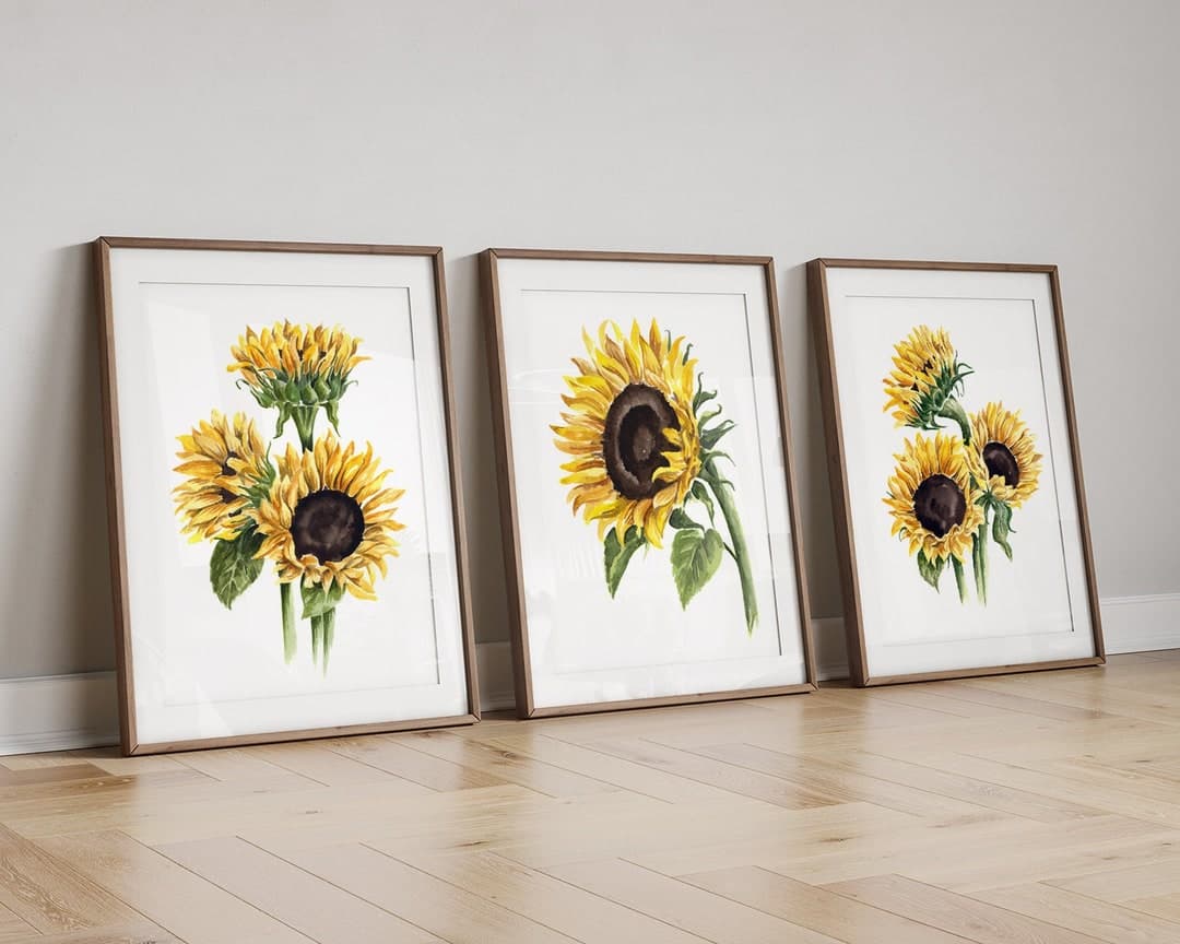 Sunflowers Wall Art PRINT Set of 3, Sunflower Watercolor Painting ...