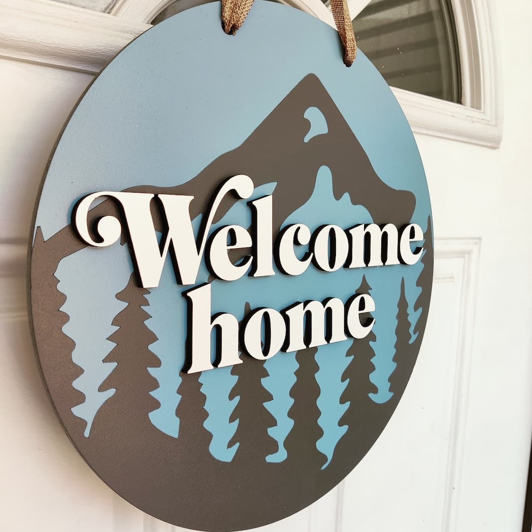 Wooden Welcome Home Door Sign: 3D Birch, Mountain Scene - Etsy