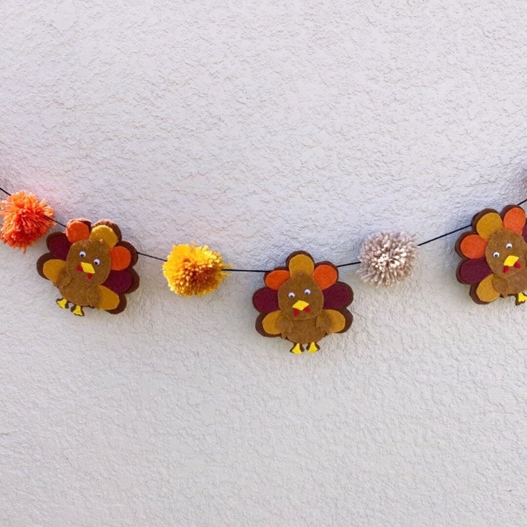 Turkey Felt Garland, Thanksgiving Decorations, Pom Poms Thanksgiving ...