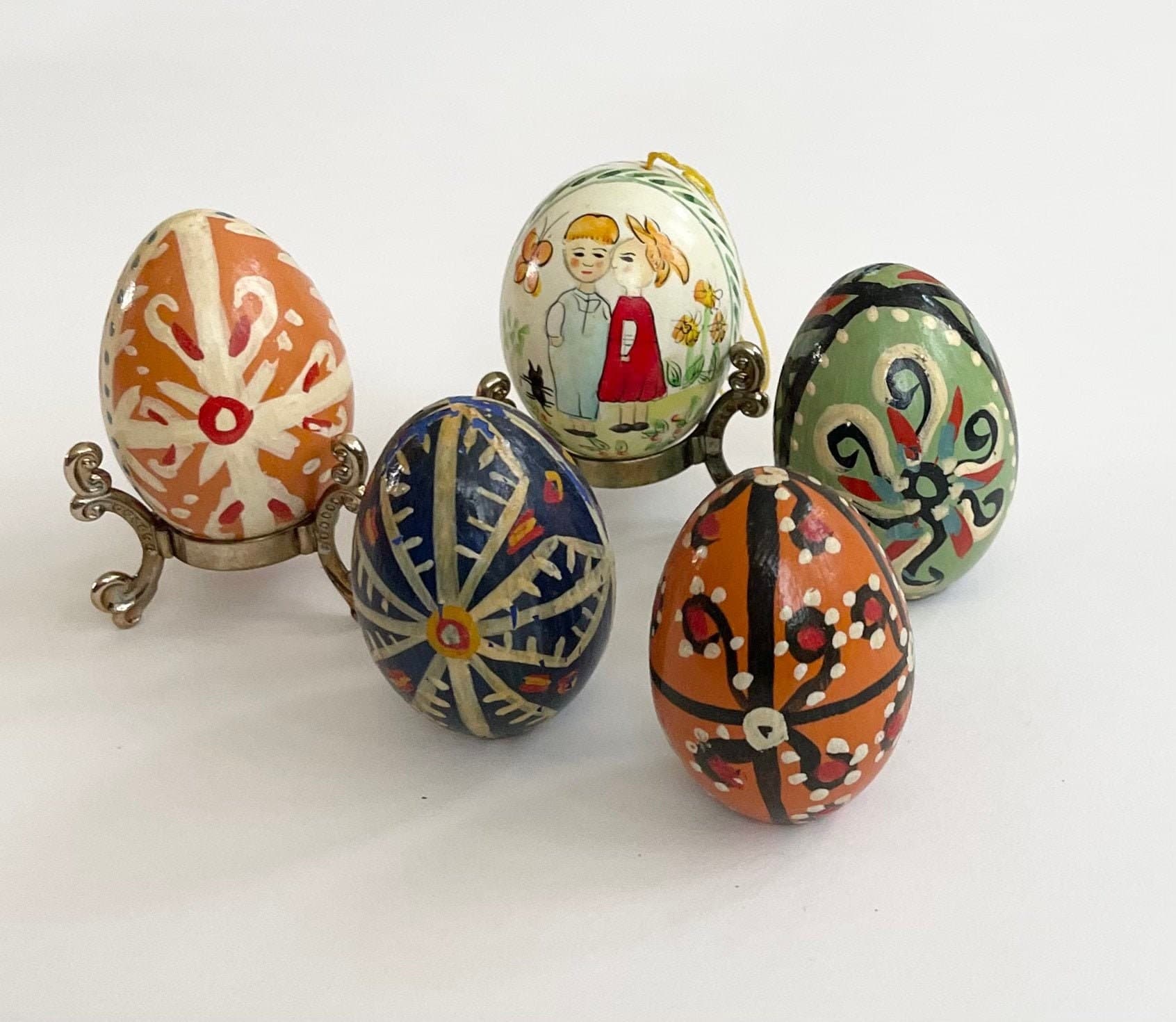 Hand Painted Wooden Egg Lot of 5 Eggs Vintage Handmade Bright Colorful ...