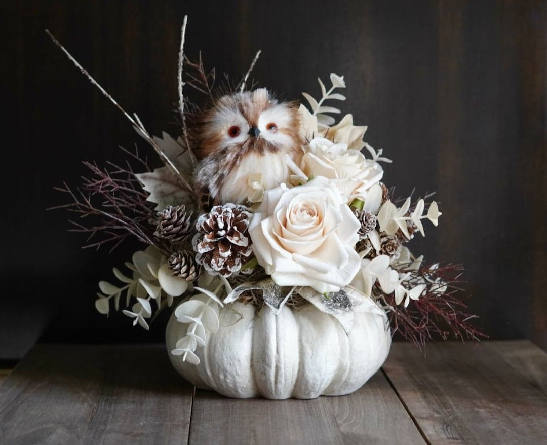 White Pumpkin Centerpiece With Owl, Fall White Pumpkin Floral ...