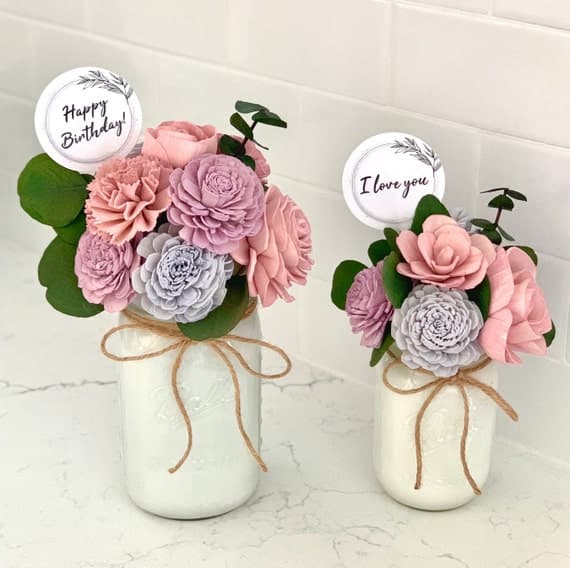 Personalized Wood Flower Arrangement Mason Jar Indigo Pink ...
