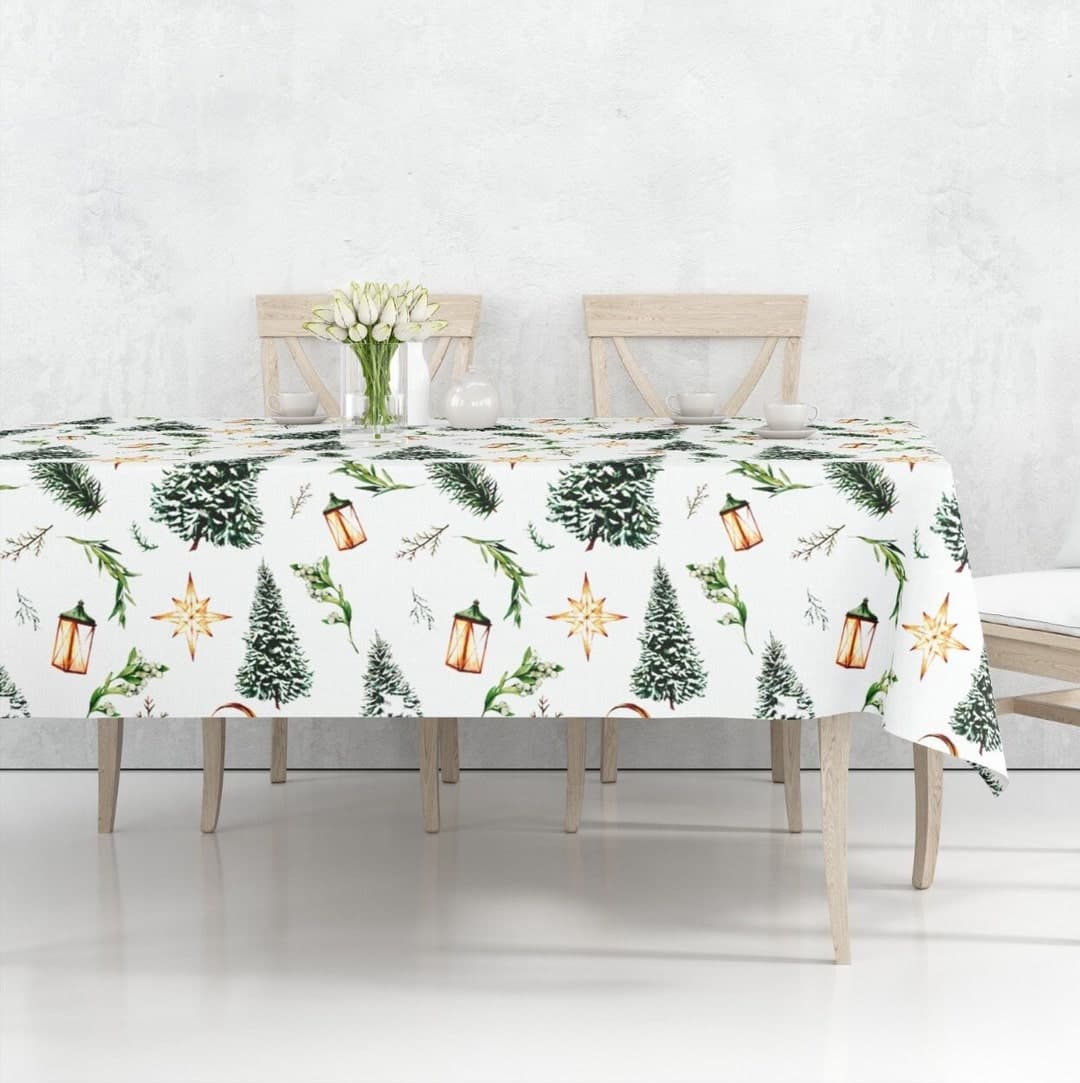 Christmas Tree Printed Tablecloth, Holly Pine Tree Tablecloth, Xmas ...