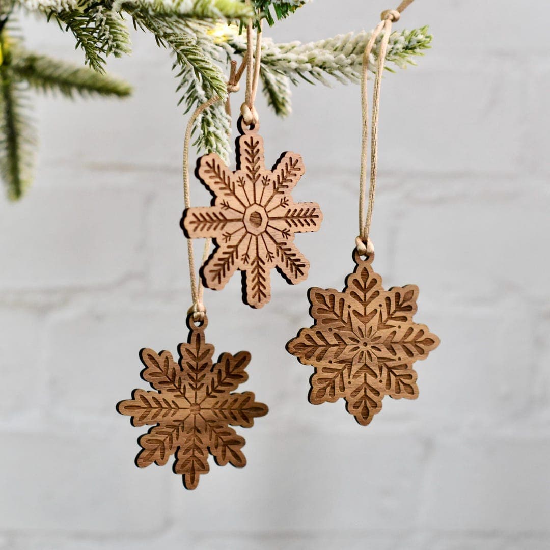 Engraved Walnut Wood Snowflake Ornament Set: Scandinavian Christmas ...