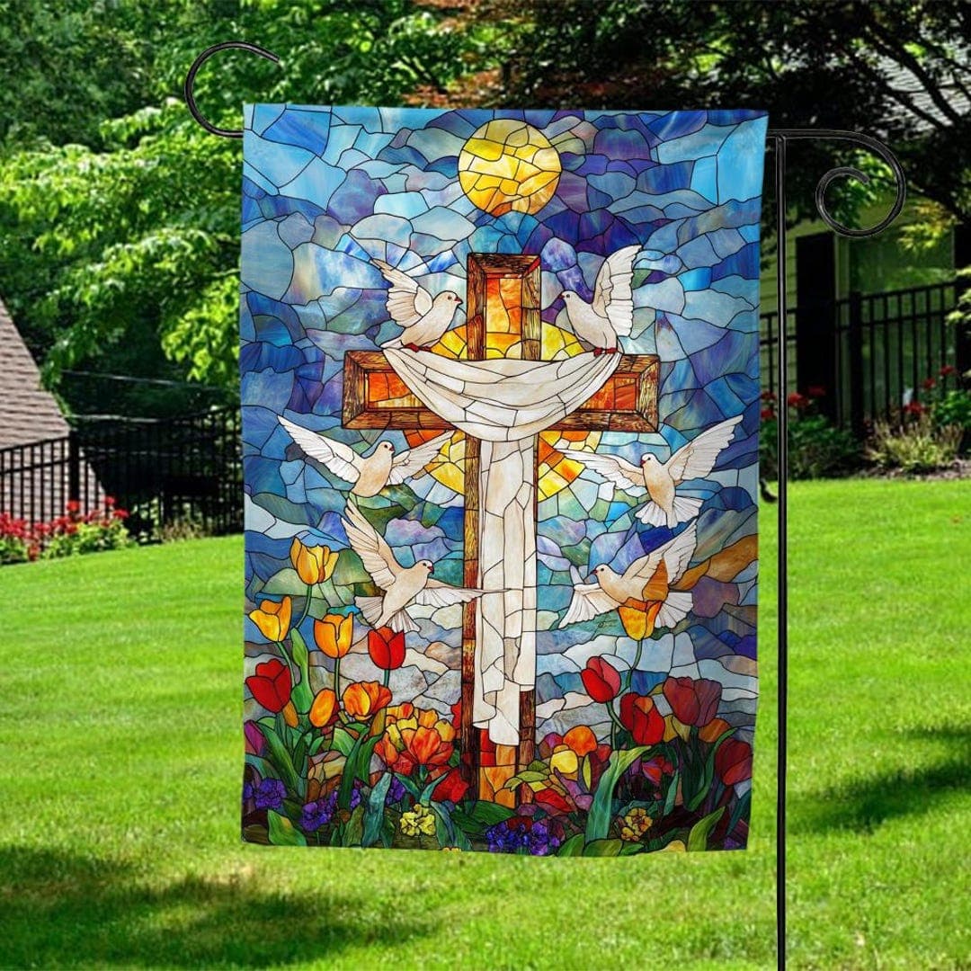 Religious Easter Memorial Garden Flag,white Doves & Cross Yard Flag ...