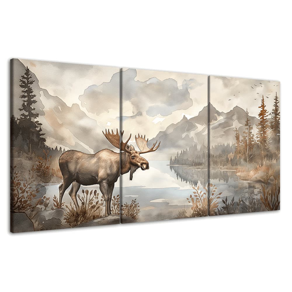 Moose Wild Animal Mountain Lake Scenery 3 Piece Canvas Wall Art Framed ...