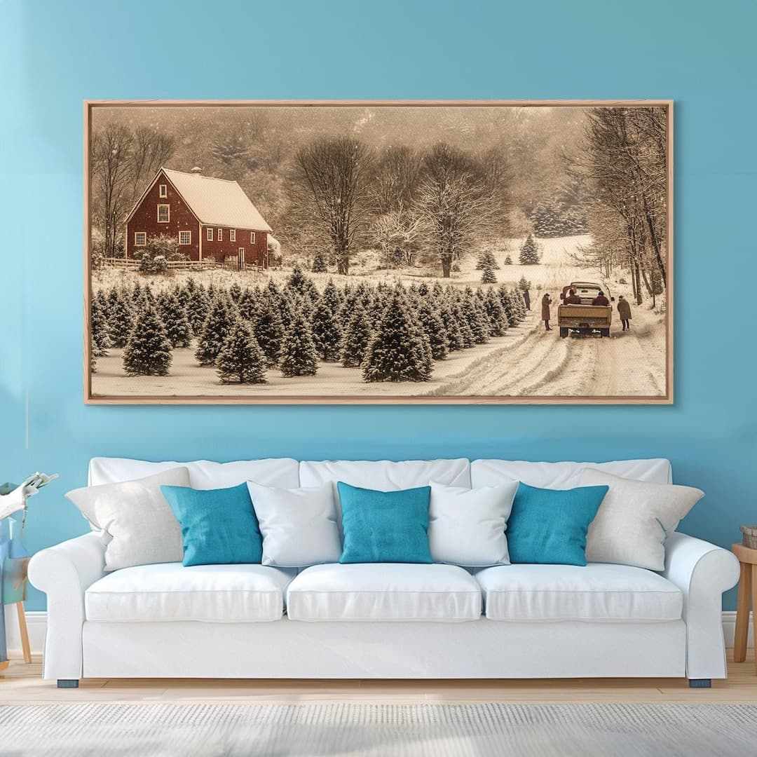 Snowy Farmhouse Christmas Tree Framed Canvas Print: Rustic Holiday Wall ...
