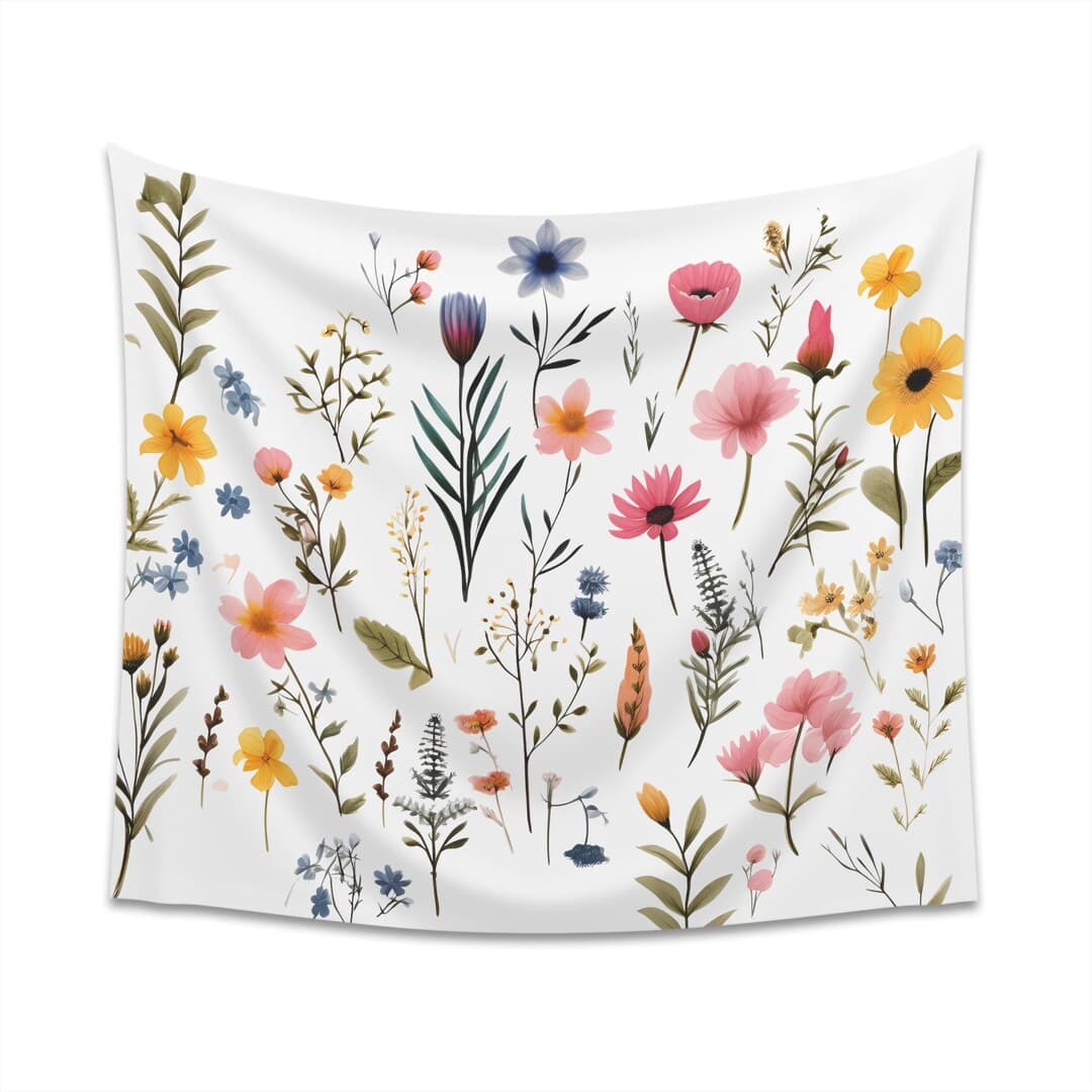 Vintage Pressed Wildflowers Tapestry, Boho Decor, Hippie Floral Wall ...