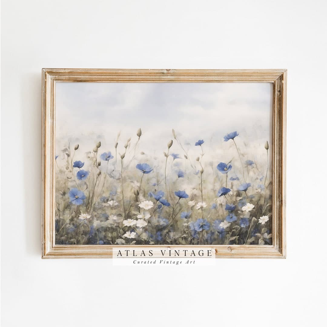 Vintage Wildflower Field Landscape Painting Print , Summer Farmhouse ...