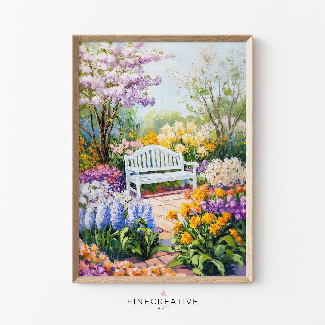 Spring Garden Bench Print, Colorful Floral Wall Art, Cottagecore ...