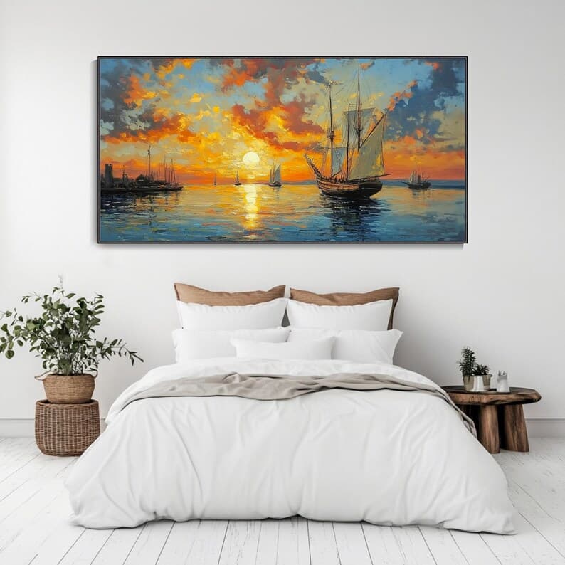Gorgeous Sunset Ocean Canvas Texture Sailboat Seascape Wall Art ...