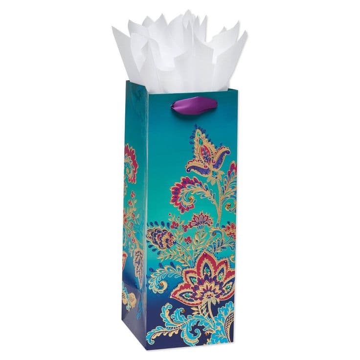 Floral Beverage Gift Bag with Four Sheets of Tissue Paper Bundle White ...