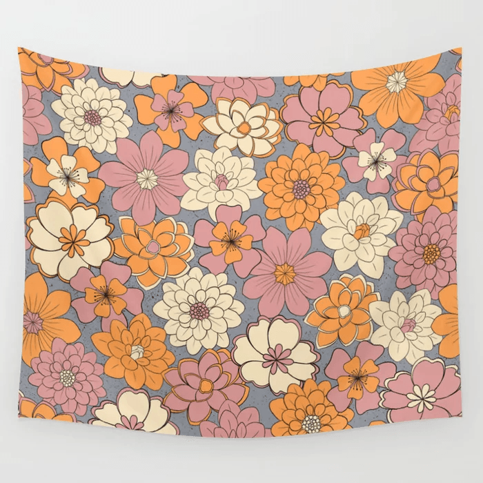 Retro Line Floral Pattern Wall Tapestry | Tapestry, Wall tapestry ...
