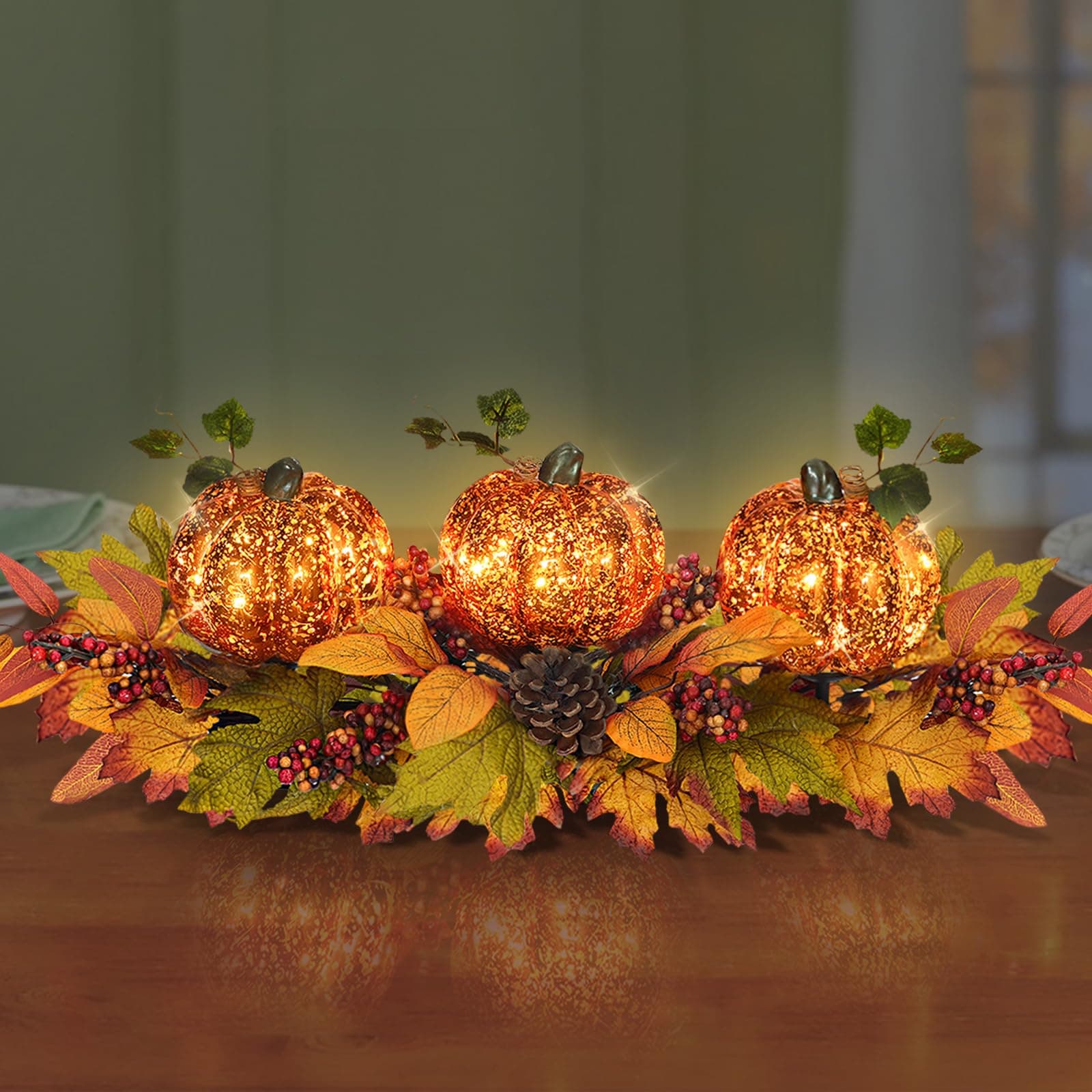 Fall Table Centerpiece with 3 Harvest Pumpkins, Lighted with Timer for ...