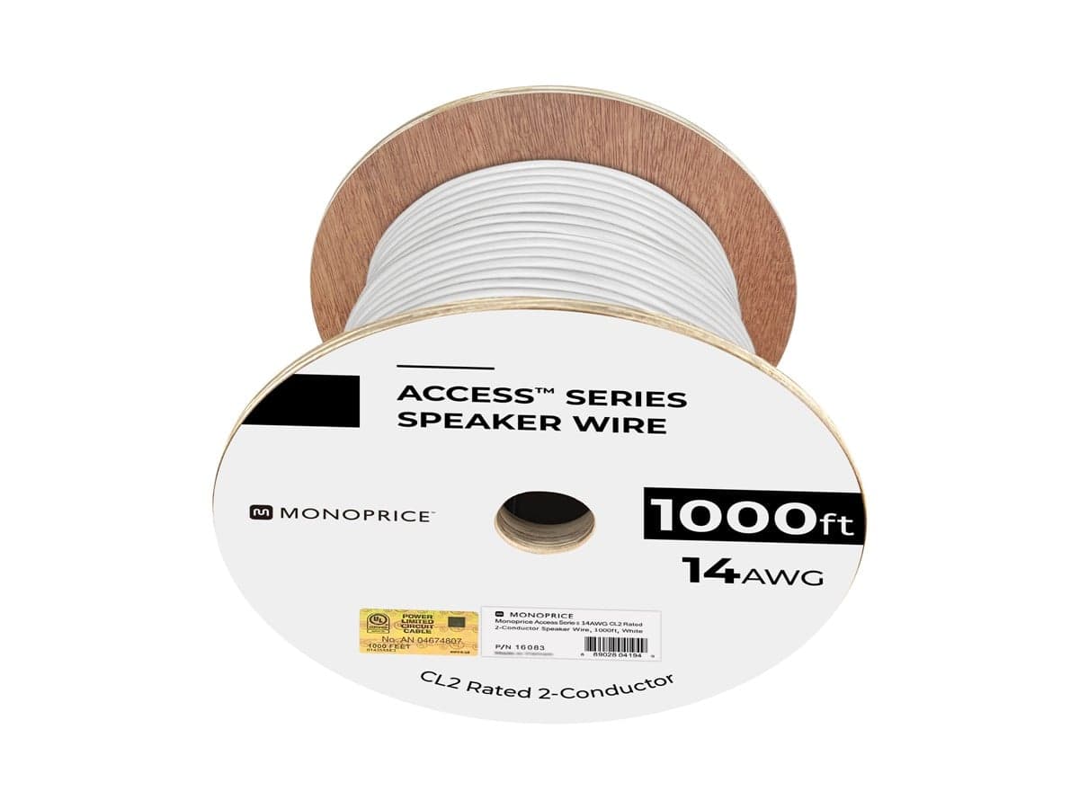 Monoprice Speaker Wire, CL2 Rated, 2-Conductor, 14AWG, 1000ft, White ...