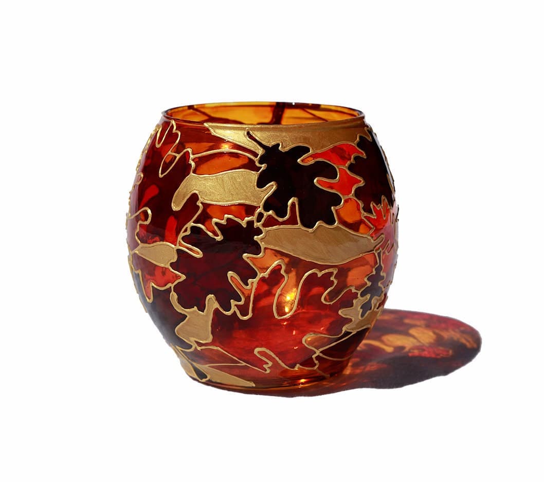 Autumn Leaves Hand Painted Candle Holder Decorative Glass