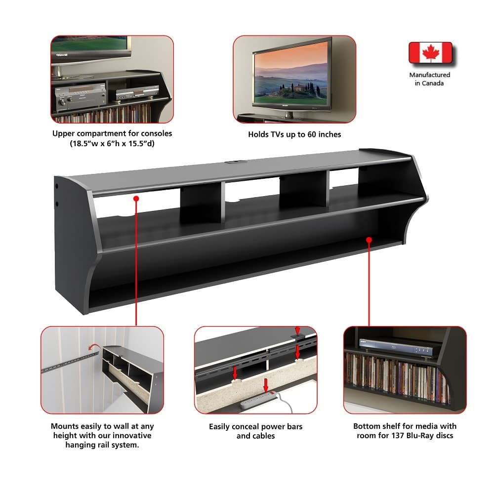 Prepac Altus 58 in. Black Composite Floating Entertainment Center Fits ...