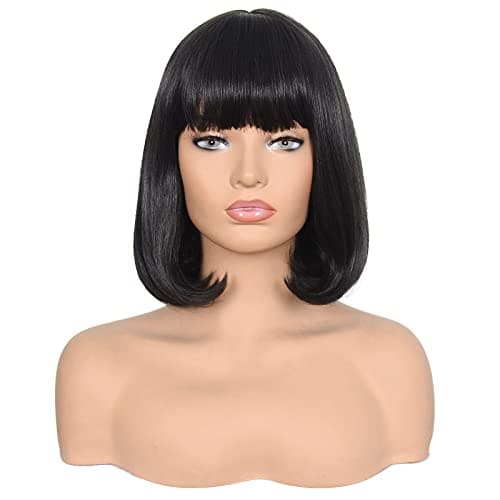 Morvally Short Brown Wavy Bob Wig with Bangs for Women 16 Inches Natural Synthetic Hair Wavy Wigs