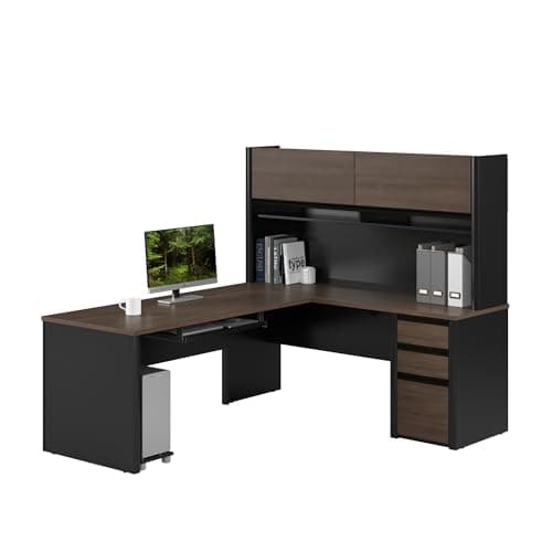 Bestar Connexion gal-Shaped Desk with Hutch and Pedestal, 72W, Slate/Sandstone