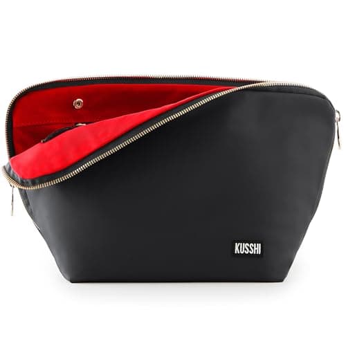KUSSHI Washable Travel Makeup & Cosmetic Bag, Satin Black/Red, Vacationer (Large) Bag, Vacationer Makeup Bag Black/ Red Fabric