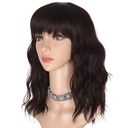 Morvally Short Brown Wavy Bob Wig with Bangs for Women 16 Inches Natural Synthetic Hair Wavy Wigs