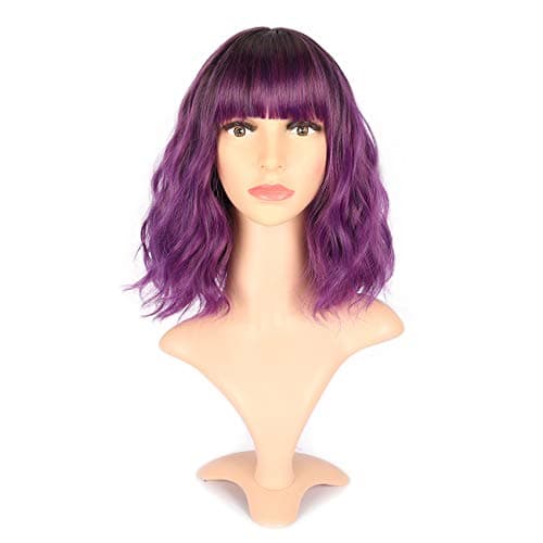 VCKOVCKO Ombre Color Natural Wavy Wig With Air Bangs Black to Gray Colorful Short Bob Wigs for Women's Shoulder Length Wigs Curly Wavy Cosplay Wig Bob Wig for Girls(12",Black-Gray)