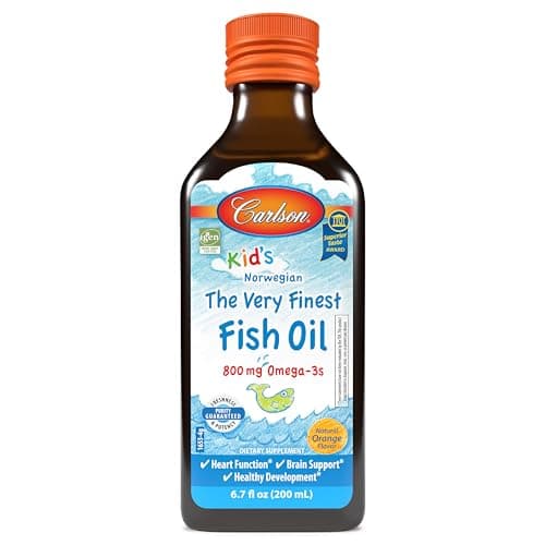 Carlson - Kid's The Very Finest Fish Oil, 800 mg Omega-3s, Liquid Fish Oil Supplement, Norwegian Fish Oil, Wild-Caught, Sustainably Sourced Fish Oil Liquid, Orange, 200 mL (6.7 Fl Oz)