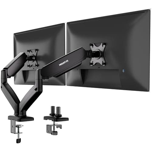 Mount-It! Dual Monitor Mount | Double Monitor Desk Stand | Two Heavy Duty Full Motion Adjustable Arms Fit 2 Computer Screens 17 19 20 21 22 24 27 Inch | VESA 75 100 | C-Clamp and Grommet Base