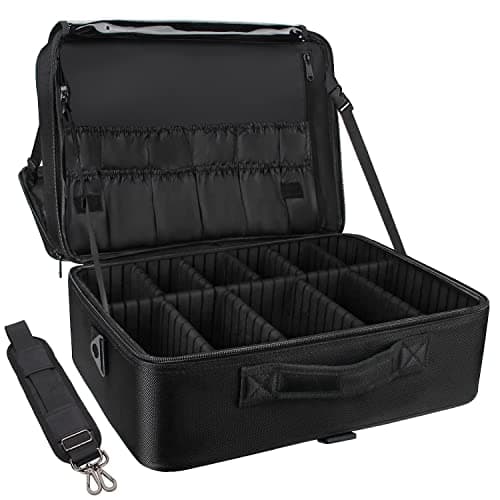 Relavel 3 Layer Multi -Functional Professional Makeup Train Case Super Large Makeup Bag Organizer for Brush Hair Curler Salon Nail Beauty Tool Attach to Trolley with Mirror for Travel Black 17.7"