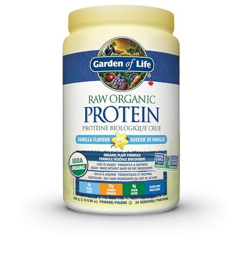 Garden of Life Raw Organic Protein, Vanilla, 624g. Packed with 22 Grams of Certified Organic Plant Protein, including organic peas grown and processed in the USA. Assists in building and repairs muscles. Loaded with 14 organic sprouted grains, seeds and legumes, with probiotics and enzymes added to promote comfortable and efficient digestion