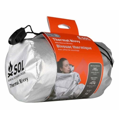 SOL Thermal Bivvy w/Rescue Whistle - Reflects up to 80% Body Heat - Waterproof Emergency Blanket for Survival Gear - Silver