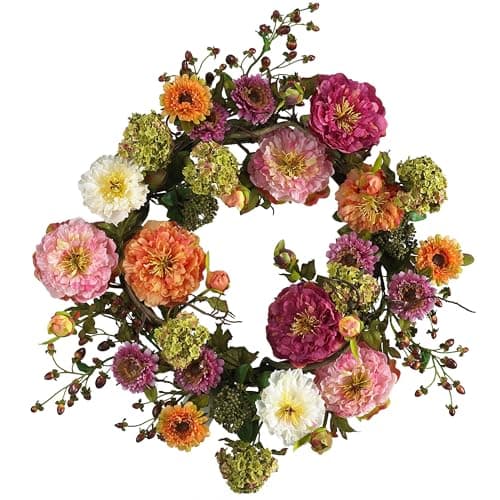 Colgador de puerta con corona de peonías y bayas de 24 pulgadas Nearly Natural