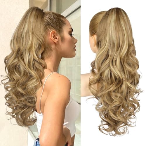 REECHO 24" Ponytail Extension Clip in Hair Extensions Long Curly Wavy Ponytail Hairpiece for Women Medium Blonde with Blonde Highlights