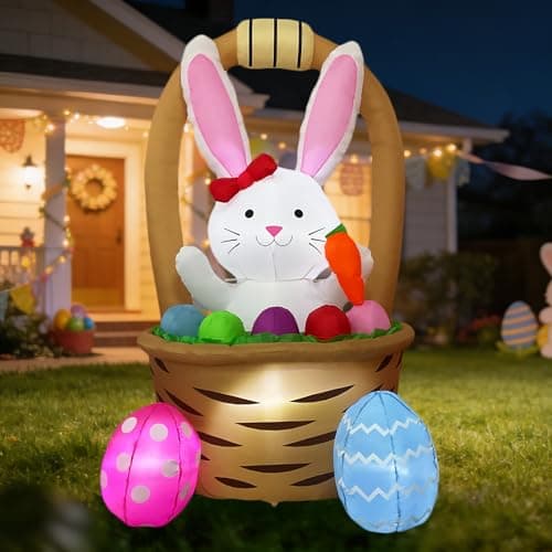 6ft Gemmy Airblown Inflatable Pink Easter Bunny in Egg Basket Scene ...