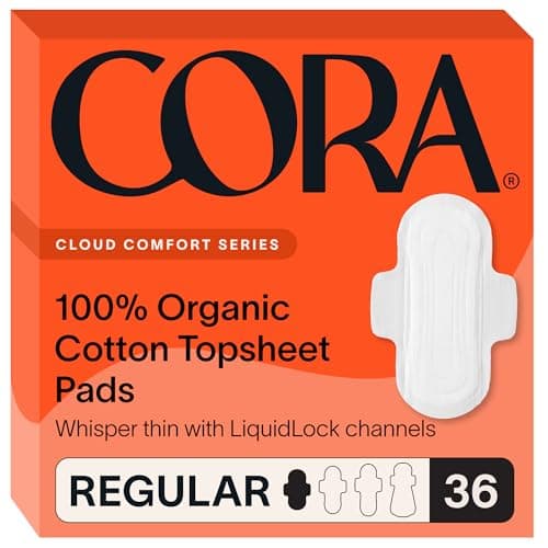 Cora 100% Organic Cotton Top Pad | Ultra Thin Period Pads with Wings | Regular Ultra-Absorbent Sanitary Pads for Women (36-Count)