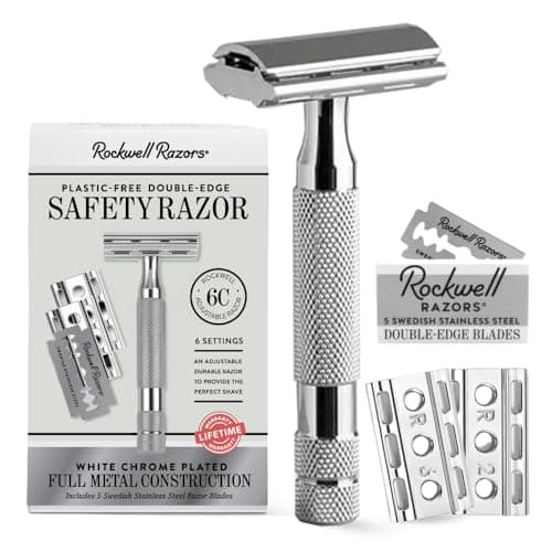 Rockwell Razors 6C Double-Edge Safety Razor in White Chrome Finish. 6 Adjustable Settings & 5 Recyclable Blades. Reusable Single Blade Razors for Men. American-Owned & Operated.