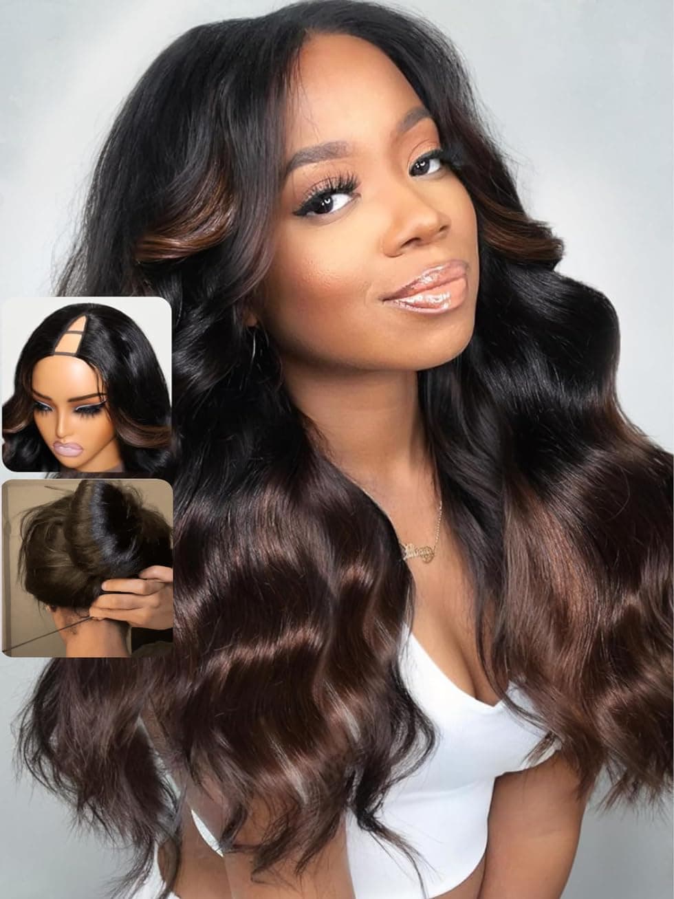 UNICE EasiContour V Part Wigs Human Hair Body Wave Upgrade Glueless U Part Human Hair Wig Chestnut Brown Ombre No Leave Out No Gel Beginner Friendly Clip in Vpart Wig 150% Density 18 Inch