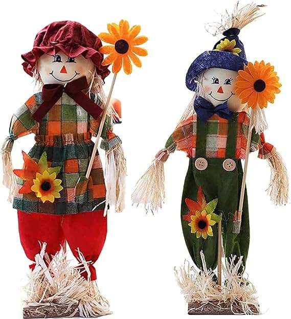 2 Pack Fall Harvest Standing Scarecrow with Flower, Autumn Statue ...