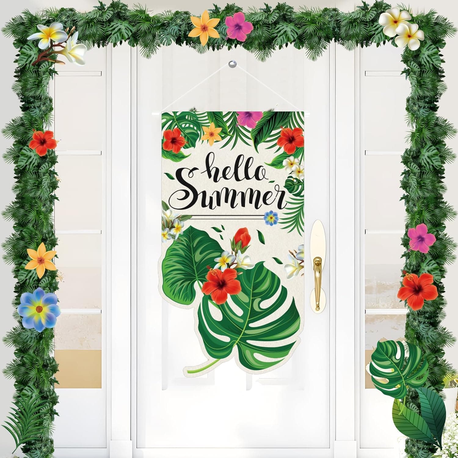 Amazon.com: Tropical Palm Door Sign Hello Summer Welcome Door Banner ...