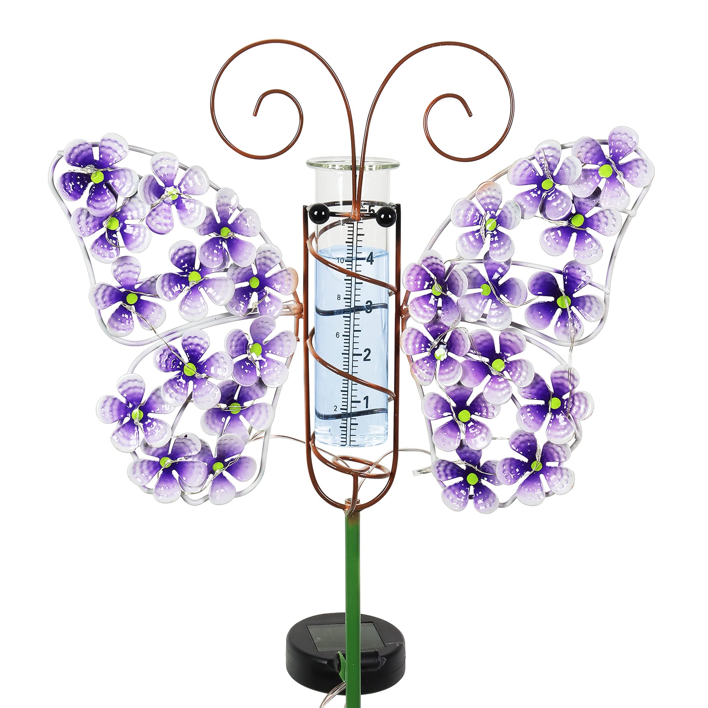 Exhart Solar Purple Butterfly Rain Gauge Garden Stake, 26 LEDs, Durable ...