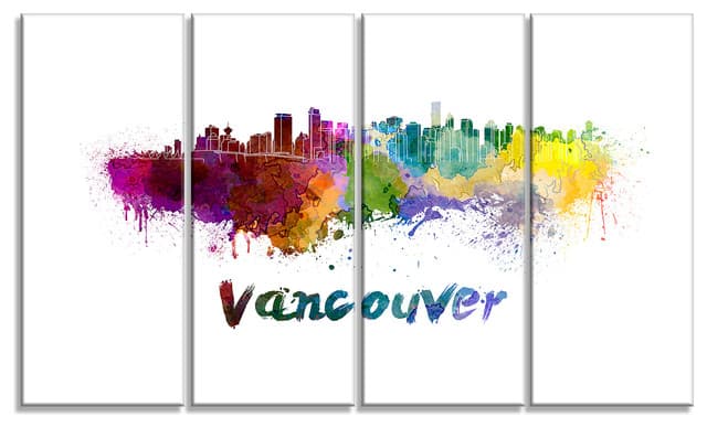 "Vancouver Skyline" Cityscape Canvas Art Print, 48"x28", 4 Panels ...