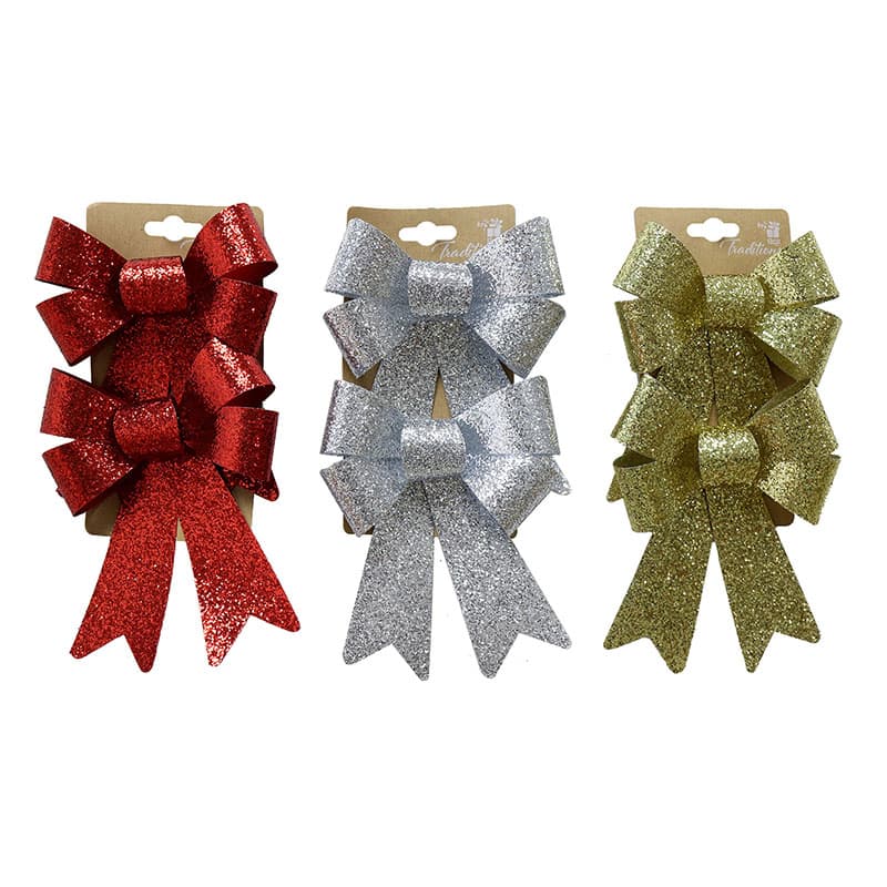 LUXURY GLITTER BOW MED 2pc 3Asst | Starlight Christmas & Party Superstore