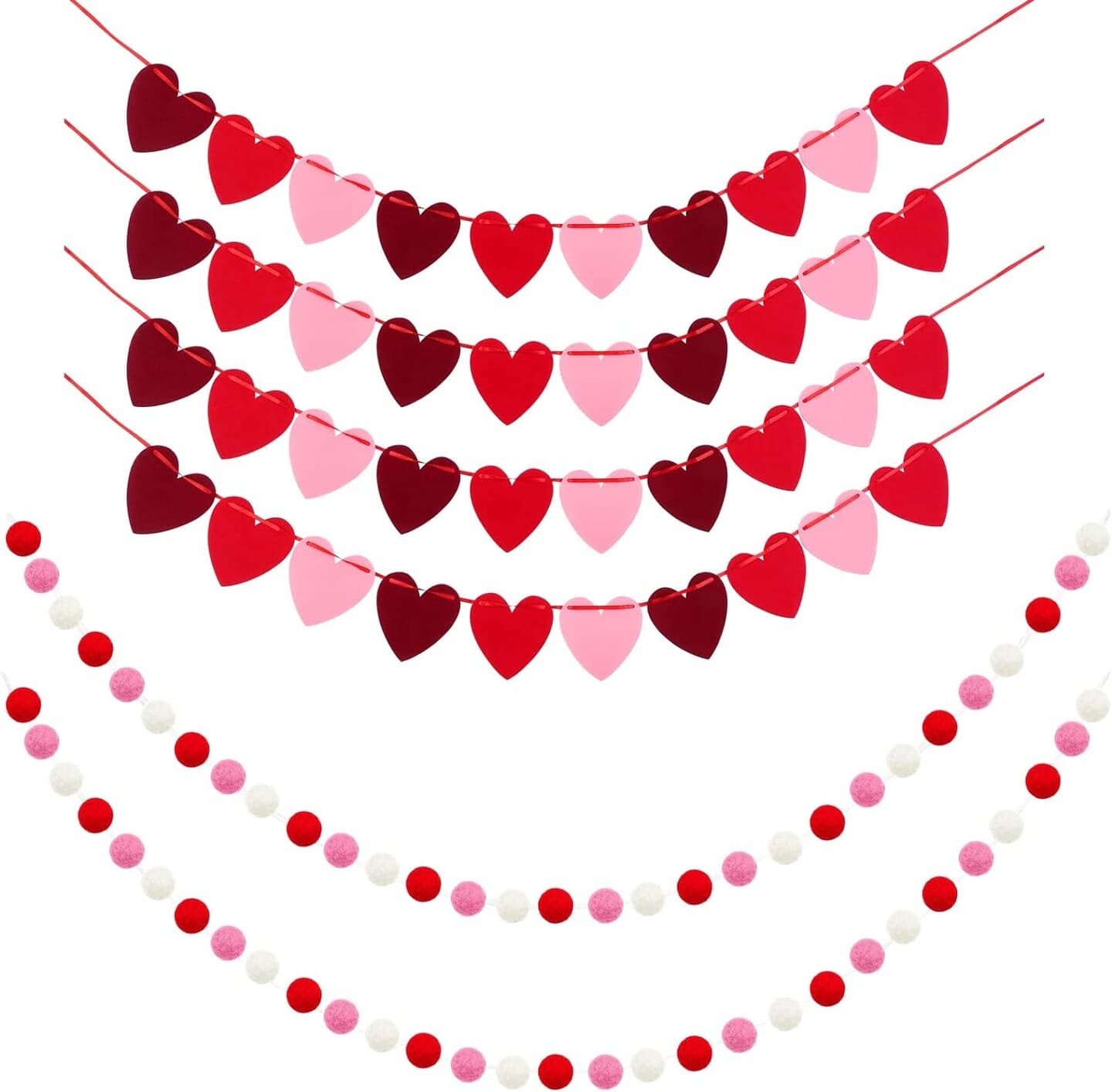 6 Pack Valentines Day Garland Set 60 Balls Felt Garland and 40 Pieces ...